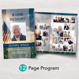 Military Funeral Program Template with 12 Pages, Military Obituary Template, Veteran Memorial Program, Armed Forces Funeral Template | 0086