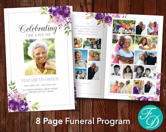 8 Page Purple Funeral Program Template | 8 Page Obituary Program | Celebration of Life | Memorial Program | 0291