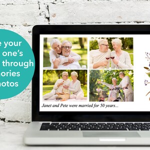 Peut inclure: Un &eacute;cran d'ordinateur portable affichant un collage de quatre photos d'un couple &acirc;g&eacute;. Les photos montrent le couple dans diff&eacute;rents environnements, notamment un parc, un pique-nique et une balade &agrave; v&eacute;lo. Le texte "Janet et Pete &eacute;taient mari&eacute;s depuis 50 ans..." est affich&eacute; sous les photos.