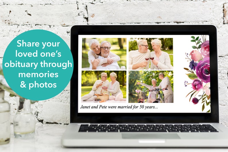 Peut inclure: Un &eacute;cran d'ordinateur portable affichant un collage de quatre photos d'un couple &acirc;g&eacute;. Les photos montrent le couple dans diff&eacute;rents environnements, notamment un parc, un pique-nique et une balade &agrave; v&eacute;lo. Le texte "Janet et Pete &eacute;taient mari&eacute;s depuis 50 ans..." est affich&eacute; sous les photos.