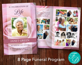 8 Page Funeral Program Template with Pink Roses | 8 Page Obituary Program | Pink Rose Celebration of Life | Memorial Programs | 0199