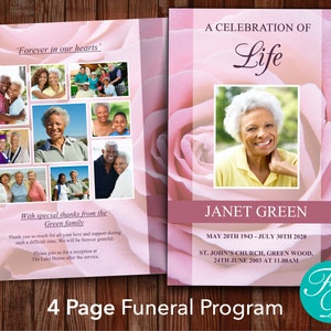 Pink Rose Funeral Program Template Obituary Template Order of Service Memorial Programs Memorial Service Funeral Program 0199 image 1