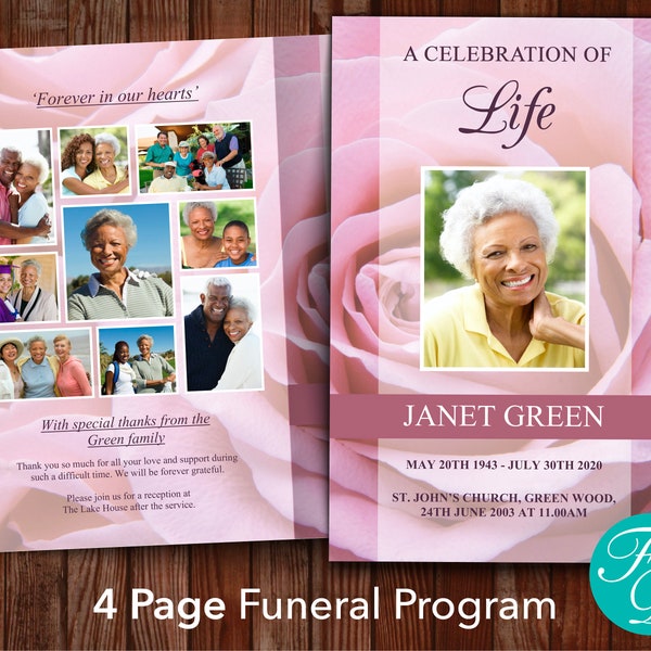 Pink Rose Funeral Program Template | Obituary Template | Order of Service | Memorial Programs | Memorial Service | Funeral Program | 0199
