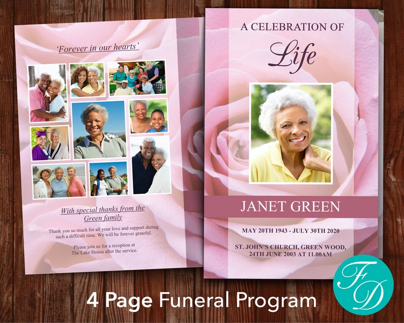 Pink Rose Funeral Program Template Obituary Template Order of Service Memorial Programs Memorial Service Funeral Program 0199 image 1