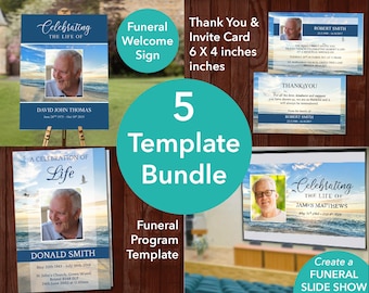 Funeral Bundle - Funeral Program Template, Funeral Welcome Sign, Funeral Thank You & Invite, Funeral Slideshow included | 0036