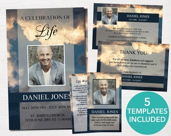 Funeral Program Template + matching Funeral Invitation, Funeral Thank You Card, Funeral Prayer Card and a Funeral Program Sign | 0001