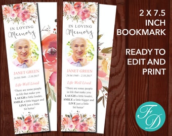 Editable Funeral Bookmark Template | Funeral Favors | Obituary Bookmark | Printable Bookmarks for Memorial | Sorry For Your Loss | 0101