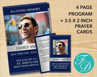 Blue Funeral Program Template + Prayer Cards | Blue Celebration of Life Program | Blue Obituary Template | Funeral Program for Man | 0224