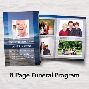 Sjabloon voor 8 pagina&#39;s begrafenisprogramma voor herdenking echtgenoot, Ocean Celebration of Life-programma voor verlies van vader, blauw overlijdensbericht voor zoon
