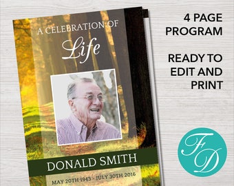 Forest Funeral Program Template for Men | Forest Memorial Program | Trees Celebration of Life Program Template | Funeral Template with Trees