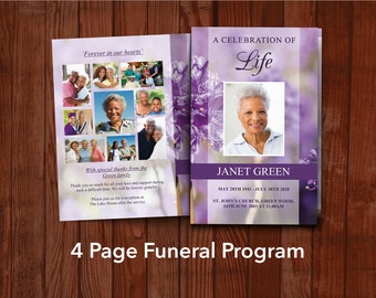 Purple Flowers Funeral Program Template | Purple Memorial Program | Celebration of Life | Order of Service | Purple Obituary Template | 0171