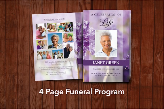 Purple Funeral Program Template, Purple Obituary Template for Women, Flowers Memorial Program, Celebration of Life Order of Service | 0171
