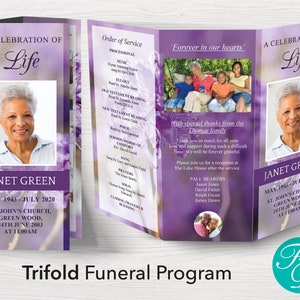 Trifold Funeral Program Vorlage für Frau Lila Nachruf Vorlage Dreifach-Broschüre Feier des Lebens Programmvorlage 0171 Bild 1