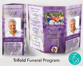 Trifold Funeral Program Template for Woman | Purple Obituary Template | Trifold Brochure | Celebration of Life Program Template | 0171