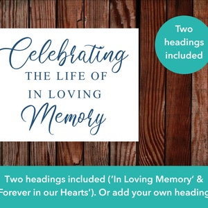 May include: A white sign with the text 'Celebrating the Life of In Loving Memory' in blue cursive font. The sign is displayed against a wooden background. The text 'Two headings included' is written in white on a teal circle in the upper right corner of the image. The text 'Two headings included ('In Loving Memory' & 'Forever in our Hearts'). Or add your own heading.' is written in white on a teal background at the bottom of the image.