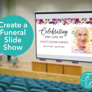 Peut inclure: Un &eacute;cran de projection blanc affichant un motif floral avec une photo d'une femme et le texte "Celebrating the life of Janet Louise Green, May 20th 1963 - July 30th 2018".