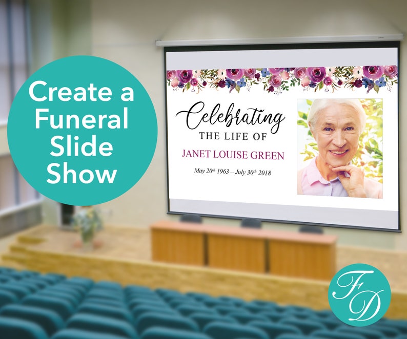 Peut inclure: Un &eacute;cran de projection blanc affichant un motif floral avec une photo d'une femme et le texte "Celebrating the life of Janet Louise Green, May 20th 1963 - July 30th 2018".
