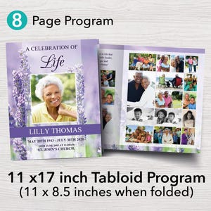 8 Page Purple Floral Funeral Program Template | 8 Page Obituary Template | 11 x 17 inch | Memorial Programs | Memorial Service | 0167
