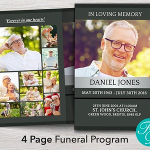 Funeral program template for man with 4 pages and striking background design. Printed on one sheet of 8.5 x 11-inch paper and folded in half. Front page has a large photo plus the name, and date of the deceased.