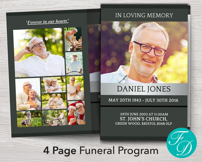 Funeral program template for man with 4 pages and striking background design. Printed on one sheet of 8.5 x 11-inch paper and folded in half. Front page has a large photo plus the name, and date of the deceased.