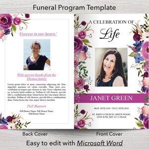 Peut inclure: Un mod&egrave;le de programme fun&eacute;raire avec un motif floral violet et blanc. La couverture avant pr&eacute;sente le texte "Une c&eacute;l&eacute;bration de la vie" et le nom "Janet Green". La couverture arri&egrave;re comprend le texte "Pour toujours dans nos c&oelig;urs'" et "Avec nos remerciements &agrave; la famille Thomas".