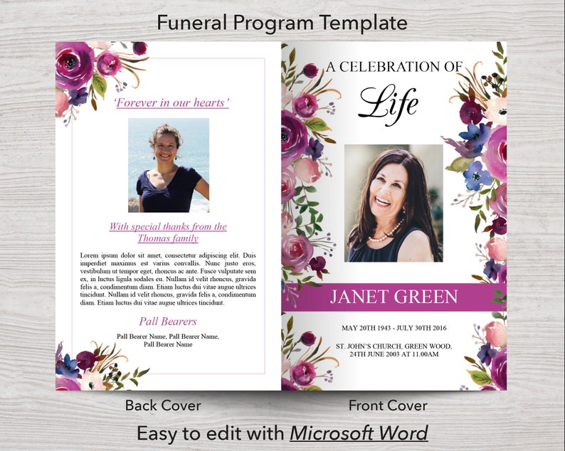 Peut inclure: Un mod&egrave;le de programme fun&eacute;raire avec un motif floral violet et blanc. La couverture avant pr&eacute;sente le texte "Une c&eacute;l&eacute;bration de la vie" et le nom "Janet Green". La couverture arri&egrave;re comprend le texte "Pour toujours dans nos c&oelig;urs'" et "Avec nos remerciements &agrave; la famille Thomas".