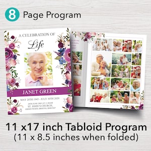 11x17 Funeral Program Template, 8 Page Obituary Booklet, Tabloid 11x17 inch Memorial Program, Purple Celebration of Life Funeral Flyer, 0136
