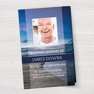 Sjabloon voor oceaanbegrafenisprogramma voor man, Ocean Memorial-boekje, blauwe begrafenisprogrammasjabloon, aangepaste viering van het leven doodsbriefboekje