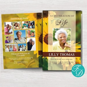 May include: A funeral program with a sunflower theme. The front cover features a photo of a woman and the text "A Celebration of Life". The back cover features a collage of photos and the text "Forever in our hearts".