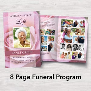 8 Page Funeral Program Template with Pink Roses | 8 Page Obituary Program | Pink Rose Celebration of Life | Memorial Programs | 0199