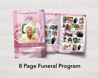 8 Page Funeral Program Template with Pink Roses | 8 Page Obituary Program | Pink Rose Celebration of Life | Memorial Programs | 0199