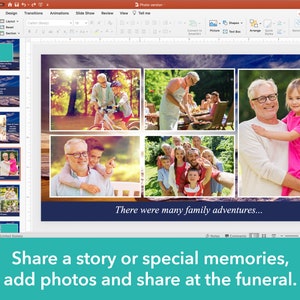 May include: A slideshow presentation with a blue background and the text "There were many family adventures..."  The presentation includes photos of a family enjoying various activities, such as grilling, riding bikes, and taking a selfie.