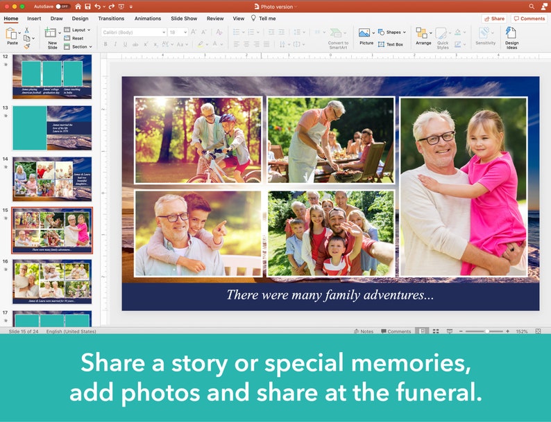 May include: A slideshow presentation with a blue background and the text "There were many family adventures..."  The presentation includes photos of a family enjoying various activities, such as grilling, riding bikes, and taking a selfie.