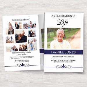May include: A white and blue funeral program with a photo of a man and a collage of family photos. The program includes the text "A Celebration of Life", "Daniel Jones", "May 20th 1934 - July 30th 2020", "St. John's Church, Green Wood", and "24th June 2003 at 11:00am".