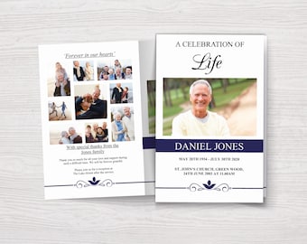 May include: A white and blue funeral program with a photo of a man and a collage of family photos. The program includes the text "A Celebration of Life", "Daniel Jones", "May 20th 1934 - July 30th 2020", "St. John's Church, Green Wood", and "24th June 2003 at 11:00am".