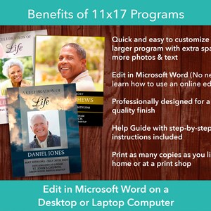 Information about benefits of 11x17 programs. Quick and easy to customize your larger program. Edit in Microsoft Word. Professionally designed. Help Guide with step-by-step instructions included. Print as many copies as you like at home or print shop