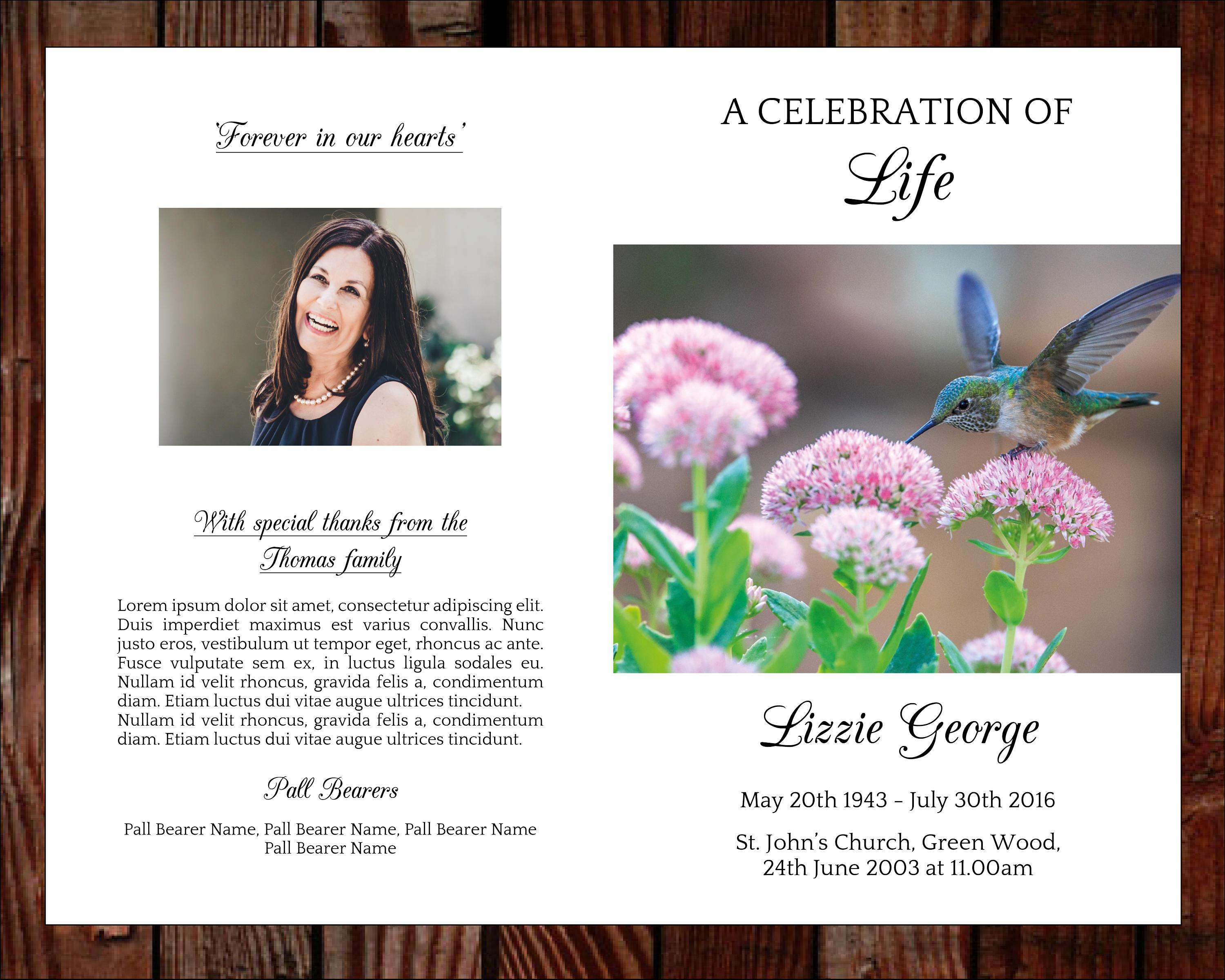 Humming Bird Funeral Program Template | Celebration of Life Program ...