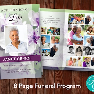 Funeral program template with 8 pages for adding more photos and text for the funeral service. Printed on two sheets of 8.5 x 11-inch paper and folded in half. Front page has a large photo plus the name, and date of the deceased.