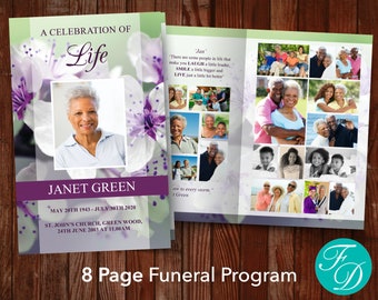 8 Page Purple & Green Funeral Program Template | 8 Page Memorial Program | 8 Page Celebration of Life Program | 8 Page Obituary | 0156