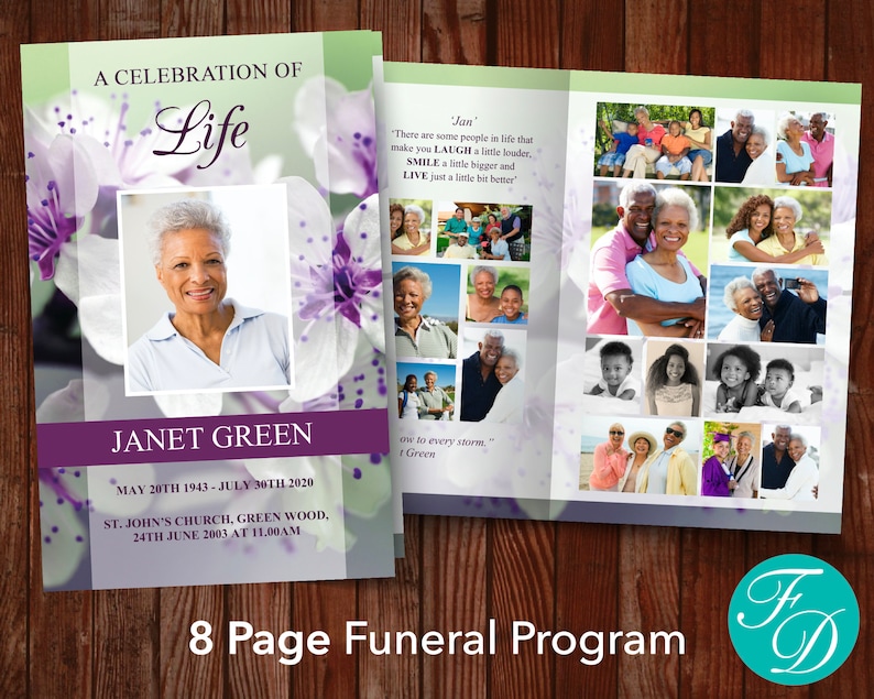 Funeral program template with 8 pages for adding more photos and text for the funeral service. Printed on two sheets of 8.5 x 11-inch paper and folded in half. Front page has a large photo plus the name, and date of the deceased.