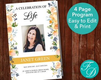 Funeral Program Template with Yellow Roses | Yellow Celebration of Life Program | Funeral Program Template Word | Obituary Template | 0168