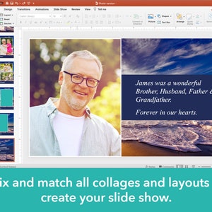 May include: A slideshow template with a blue and white background image of a beach with waves. The text "James was a wonderful Brother, Husband, Father & Grandfather. Forever in our hearts." is displayed on a dark blue rectangle. The template includes a variety of collage layouts for photos.