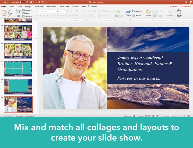 May include: A slideshow template with a blue and white background image of a beach with waves. The text "James was a wonderful Brother, Husband, Father & Grandfather. Forever in our hearts." is displayed on a dark blue rectangle. The template includes a variety of collage layouts for photos.