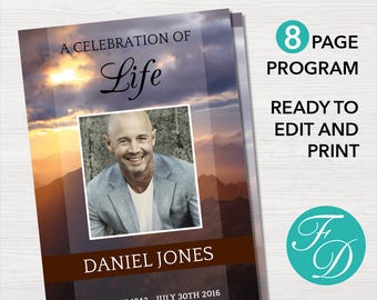 8 Page Funeral Program Template | Mountain Top Memorial Program | Celebration of Life Program | Obituary Template | 0047