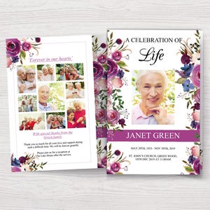May include: A memorial card with a floral design in purple and blue. The card includes a photo of a woman and the text "A Celebration of Life." The inside features photos of family and the text "Forever in our hearts."