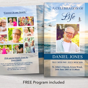 May include: A blue and white funeral program with a photo collage of a man and his family. The program includes the man's name, dates of birth and death, and the location and time of the funeral service. The text 'A Celebration of Life' is at the top of the program. The text 'Forever in our hearts' is at the top of the photo collage. The text 'With special thanks from the Jones family' is at the bottom of the photo collage. The text 'FREE Program included' is at the bottom of the program.