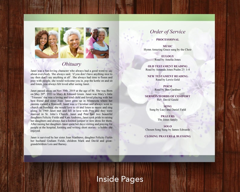 Inside pages of 8 page funeral program template with fold down the middle. Left page has space for one or more photos plus the obituary. Right page has more space for a longer obituary or funeral songs, poems or readings. All content is editable.