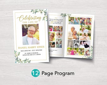 12 Page Funeral Program Template with Green Leaves | Obituary Template for Man | Funeral Order of Service | Celebration of Life Program 0300