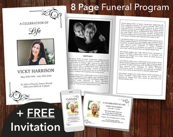 8 Page Funeral Program Template for Woman + FREE Funeral Invitation | Classic Obituary Template for Women | 8 Page Funeral Program | 0262