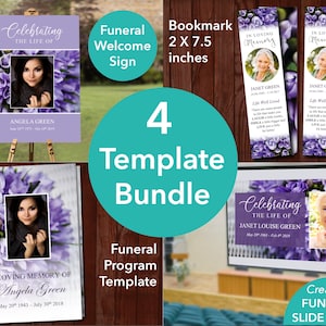 May include: A set of four printable funeral templates in a purple and white floral design. The templates include a welcome sign, a program, a bookmark, and a slideshow template. The templates feature a floral design with a photo placeholder and the text "Celebrating the Life of" and "In Loving Memory of".